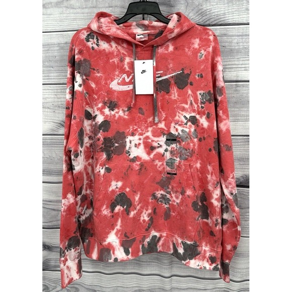 NIKE SPORTSWEAR CLUB FLEECE ICE DYE HOODED SWEATSHIRT HOODIE‎ Men's  Large  RED - Picture 2 of 7